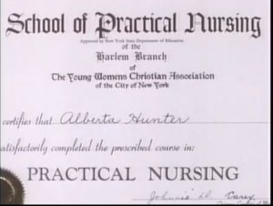 Alberta Hunter's nursing school diploma